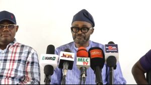 Wemi Jones addresses journalists on the construction of the Kabba-Iluke-Bunu Road in Kogi State