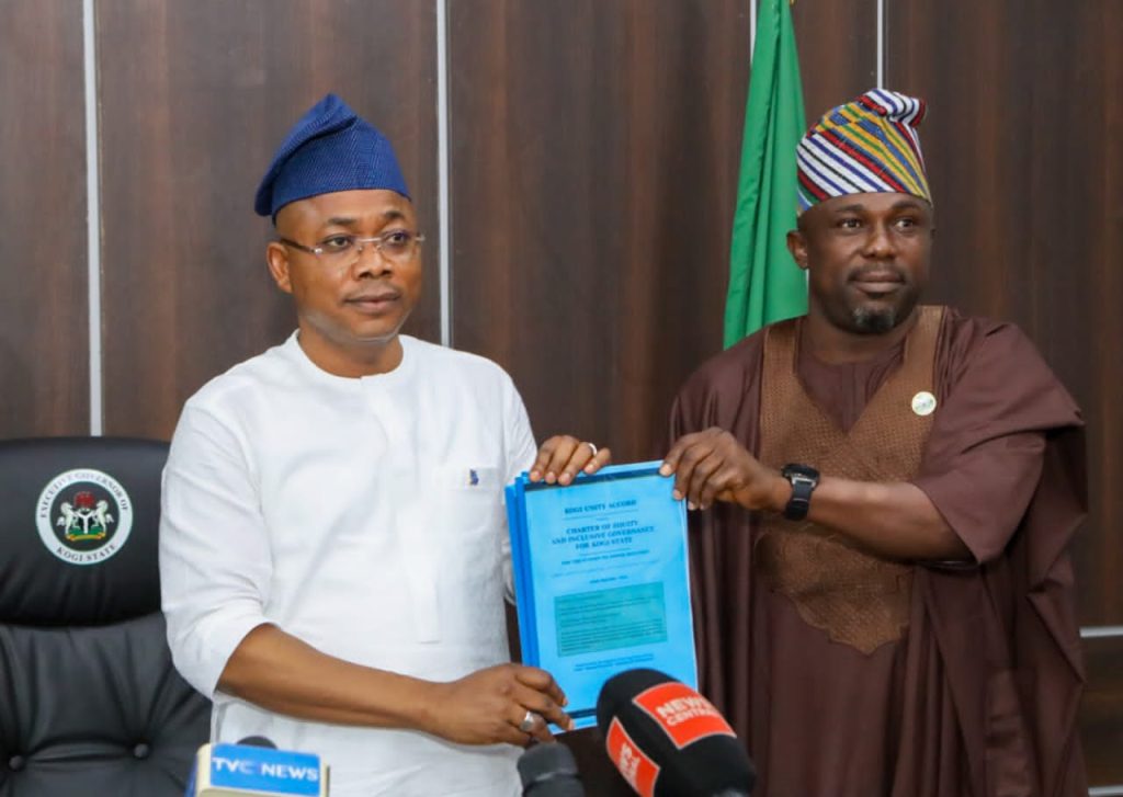 Ahmed Usman Ododo receives Kogi Unity Accord report from Bode Adeyemi
