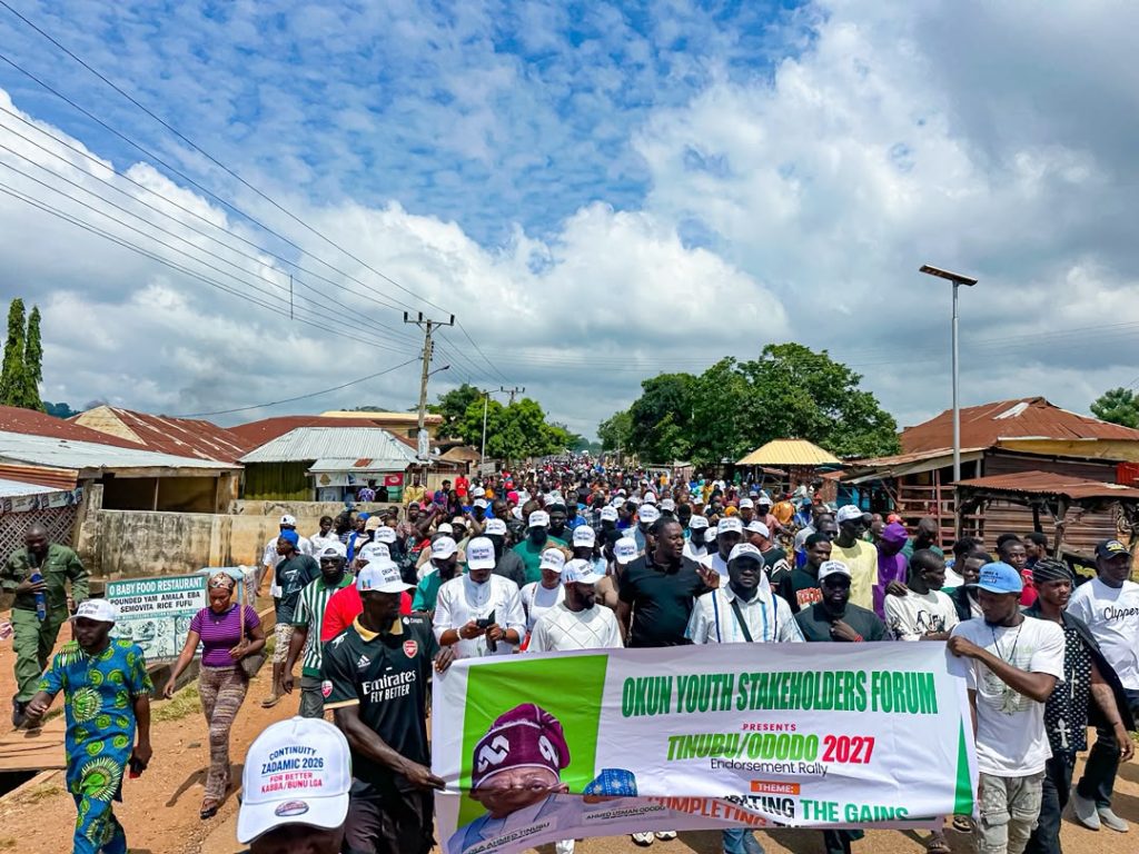 Okun youths endorse Tinubu and Ododo at a 2027 re-election rally in Kabba, Kogi State. Image Caption: Members o